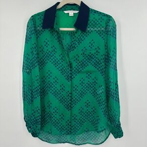 Diane Von Furstenberg Blouse Women 0 Green Navy Blue Silk Chevron Spotted Collar